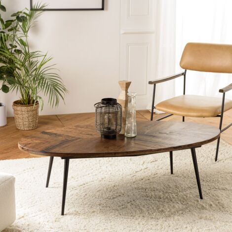 KIARA - Table basse en bois recyclé ovale 135x70cm plateau chevrons (1/5)