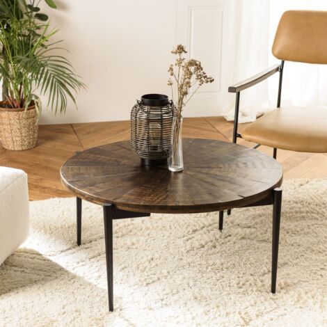 KIARA - Table basse ronde 80x80cm bois recyclé pieds métal noir (1/5)