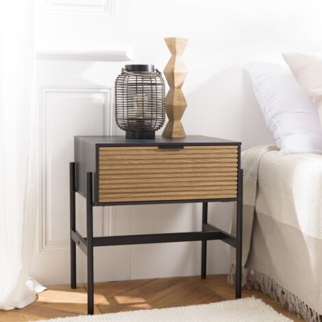CHARLIE - Table de chevet bois 1 tiroir pin marron et noir (1/5)