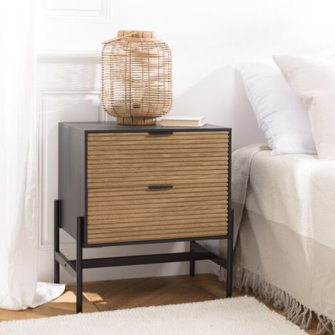 CHARLIE - Table de chevet bois 2 tiroirs pin marron et noir (1/5)