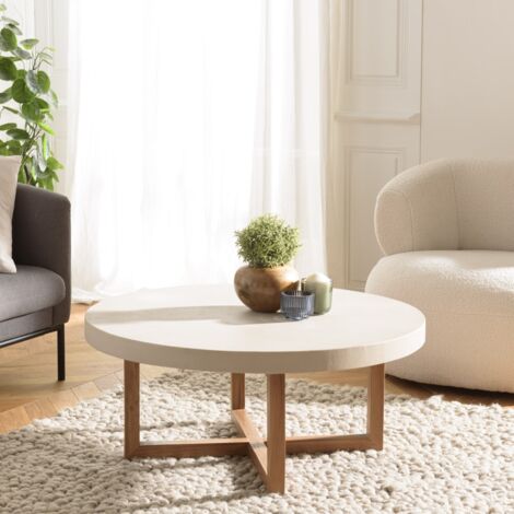 Macabane – Table basse ronde 92x92cm en béton beige et teck – Pieds croisés en teck – Pour intérieur et extérieur couvert – Élégance moderne (1/5)