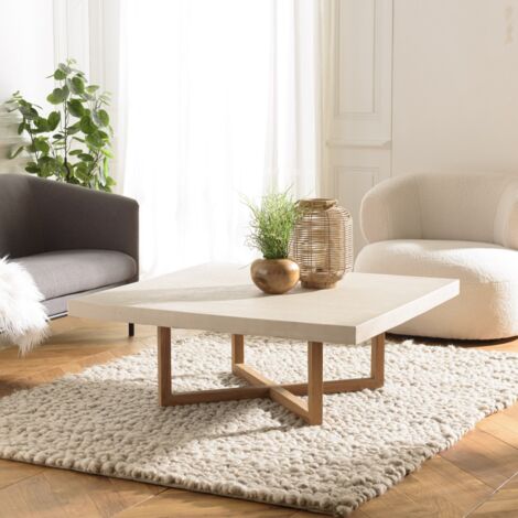 DAK - Table basse carrée 107x107cm en béton et bois de teck beige (1/5)