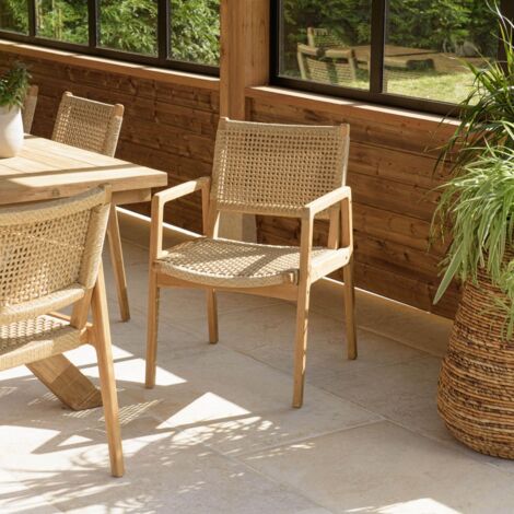VALERIA - Lot de 2 fauteuils jardin en bois teck naturel rotin beige (1/5)