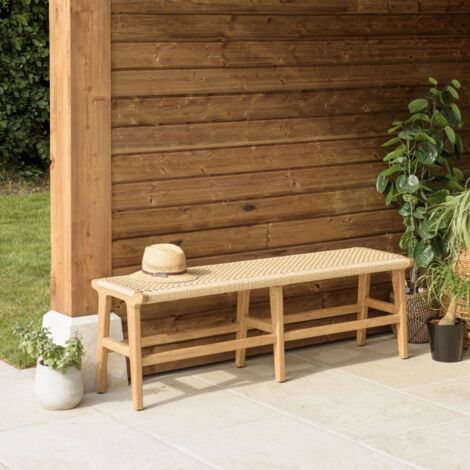VALERIA - Banc de jardin 3 places bois de teck assise rotin beige (1/5)