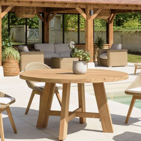 KALLY - Table à manger de jardin ronde 150x150cm en bois teck recyclé (1/5)