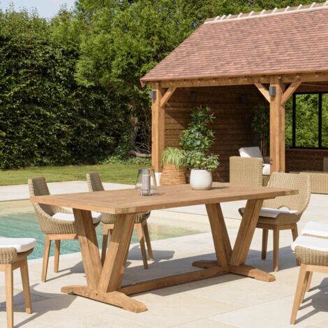 KALLY - Table à manger jardin 220cm en bois de teck recyclé pieds V (1/5)