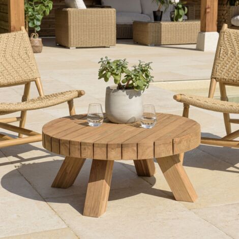 KALLY - Table basse jardin ronde 80cm bois teck recyclé naturelle (1/5)