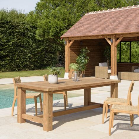 KALLY - Table à manger de jardin 220cm bois teck recyclé pieds droits (1/5)
