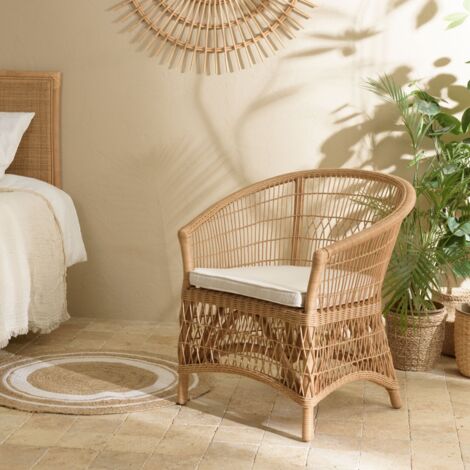 KALLY - Fauteuil en rotin naturel avec coussin d'assise blanc (1/5)