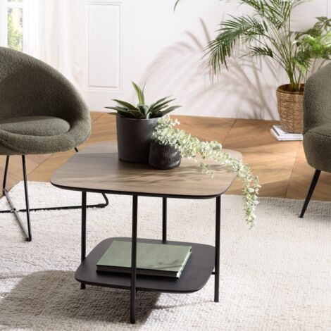 JULIA - Table basse 2 plateaux 60x60cm bi-matière bois marron/noir (1/5)
