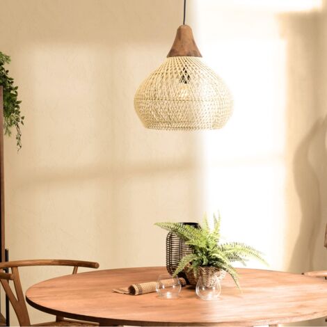SIXTINE - Suspension 'cloche' 40x40cm bois de teck et rotin naturelle (1/5)