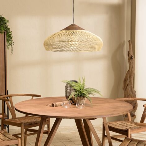 SIXTINE - Suspension 65x65cm en bois de teck recyclé et rotin beige (1/5)