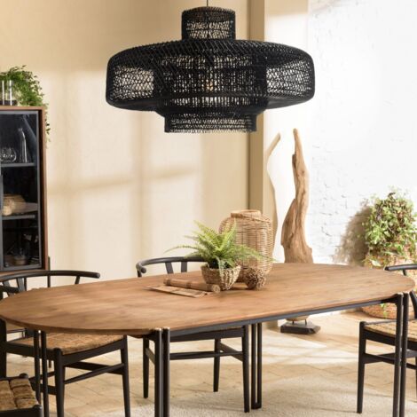 SIXTINE - Suspension 'double' 90x90cm en bois de teck et rotin noire (1/5)