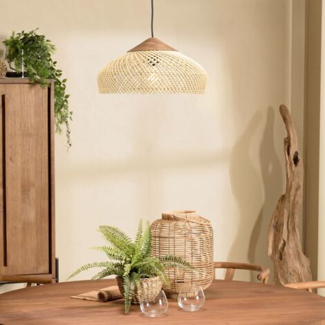 SIXTINE - Suspension 40x40cm en bois de teck recyclé et rotin (1/5)