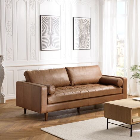 PIERRE - Canapé 3 places cuir couleur caramel assise capitonnée (1/5)