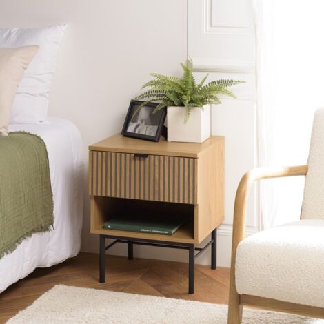 SCOTT - Table de chevet bois tiroir décor effet rainuré noir et beige (1/5)