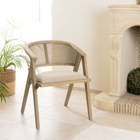 PIERRE - Chaise en bois assise tissu couleur beige dossier cannage (1/5)