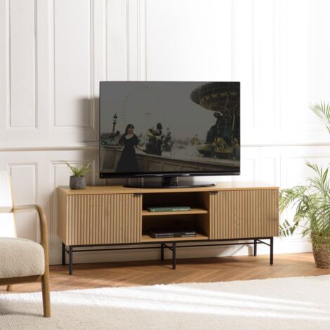 SCOTT - Meuble TV 2 portes 2 niches bois effet rainuré noir/beige (1/5)