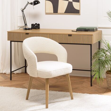 PIERRE - Chaise en tissu bouclette écru, dossier ouvert pieds en bois (1/5)