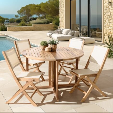 FUN - Salon de jardin en bois teck et textilène 4/6 personnes (1/5)