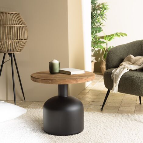 DANDY - Table d'appoint ronde 50x50cm bois Pin recyclé pied métal noir (1/5)