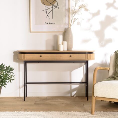 ETHAN - Console arrondie couleur naturelle 2 tiroirs pieds métal noir (1/5)