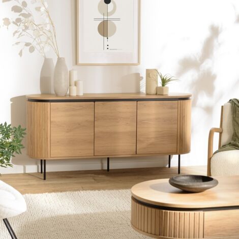 Macabane – Buffet arrondi en mélaminé couleur chêne – Dimensions 160 x 40 x 76 cm – 3 portes pour rangement spacieux (1/5)