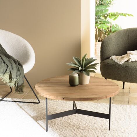 DANDY - Table basse ronde 70x70cm bois Pin recyclé et pieds métal noir (1/5)