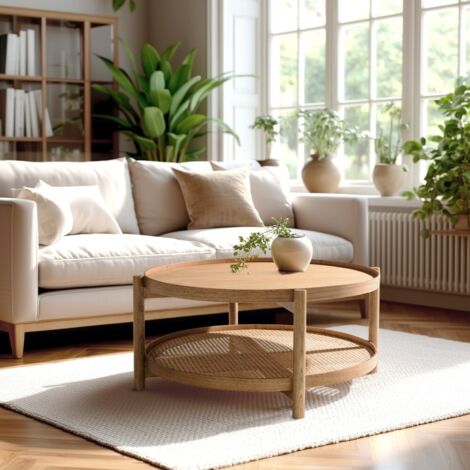 AMY - Table basse en bois de mindi 80.5m avec tablette en rotin naturel AMY (1/5)