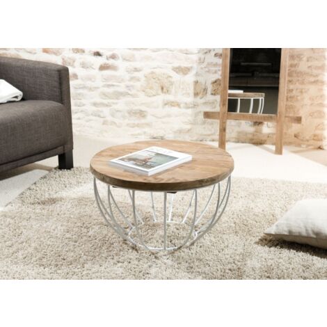 SIXTINE - Table basse plateau 60x60cm bois teck recyclé métal blanc (1/3)
