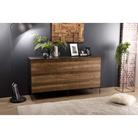 MAXENCE - Buffet naturel et noir 3 portes bois Teck recyclé pieds gris (1/5)