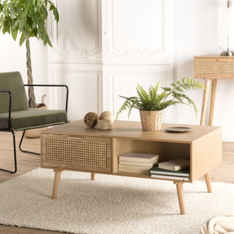 RODRIGO - Table basse couleur naturelle 2 tiroirs 1 niche bois cannage (1/5)