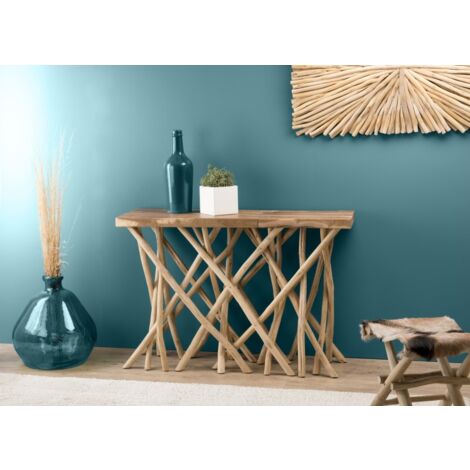 Macabane – Console rectangulaire en teck 120x39x81cm – Pieds en bois flotté – Meuble monté pour intérieur et extérieur abrité (1/5)