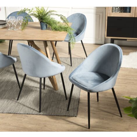 TOM - Lot de 2 chaises tissu velours bleu pieds métal noir (1/5)