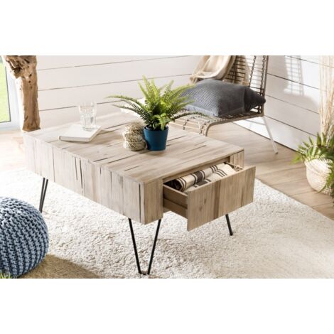 CLARA - Table basse rectangulaire 2 tiroirs branches bois Teck (1/6)