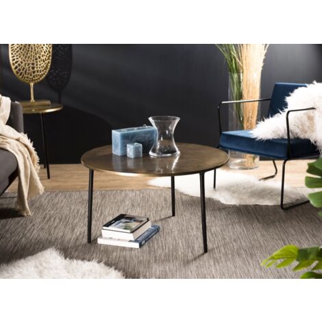 JOHAN - Table basse ronde 80x80cm plateau aluminium doré pieds noirs (1/5)