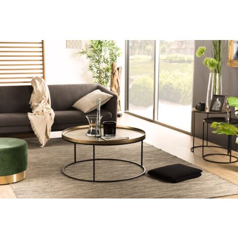 JOHAN - Table basse ronde 88x88cm alu. doré pieds ronds métal noir (1/5)