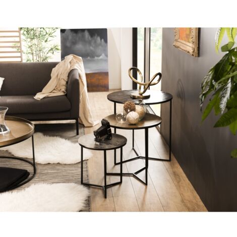 JOHAN - Set de 3 tables gigognes rondes aluminium noir doré argenté (1/5)