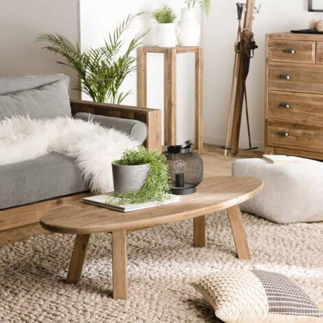 Macabane – Table basse ovale marron en pin recyclé 139 x 60 x 35,5 cm – Meuble monté avec pieds à visser – Design moderne pour salon