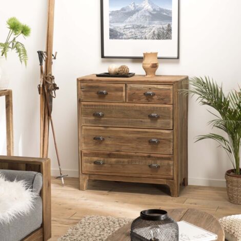 SANDY - Meuble chiffonnier marron 5 tiroirs bois pin recyclé (1/5)