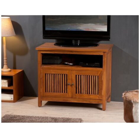 API - Meuble TV marron 2 portes persiennes bois Teck (1/3)