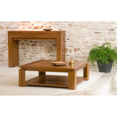 Macabane – Table basse carrée en teck 90x90cm – Finition vernis gomme laque – Style contemporain – Deux plateaux pratiques pour revues (1/6)
