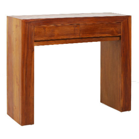 Macabane – Console moderne marron 90x30x75 cm – Bois de teck massif – 2 tiroirs – Finition vernis gomme-laque – Meuble monté (1/6)
