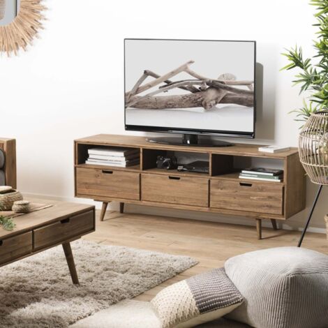 ANDY - Meuble TV scandi bois marron 3 tiroirs 3 niches (1/5)