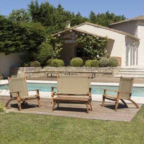 Macabane – Salon de jardin en bois d'acacia 4 places – Canapé 2 places, 2 fauteuils, table basse rectangulaire – Assises inclinées pour confort (1/3)
