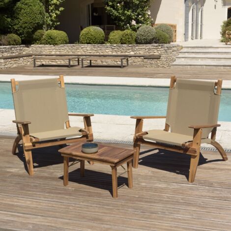 Macabane – Salon de jardin en bois d'acacia 2 places – 2 fauteuils confortables – Table basse 63,5cm – Design élégant pour balcons et terrasses (1/3)