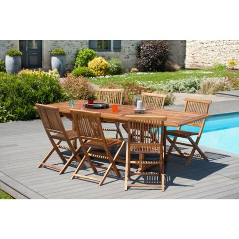 Macabane – Table de jardin extensible 4/6 personnes – Bois teck huilé – Dimensions 120/180cm – Trou pour parasol – Résistant aux intempéries (1/5)