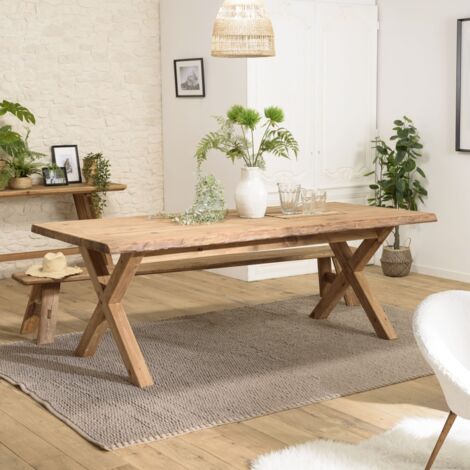 Macabane – Table à manger rectangulaire 220x100cm en bois de pin recyclé – Accueille 8 à 10 personnes – Pieds croisés pour un style chaleureux