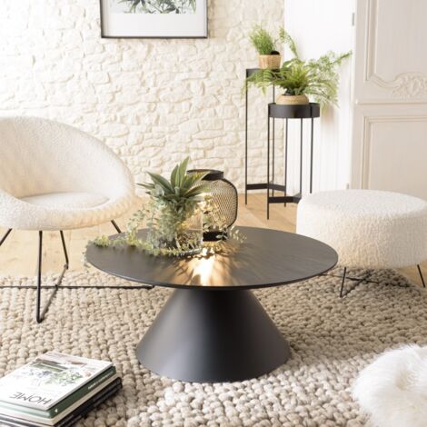 Macabane – Table basse ronde noire 78x78cm – Pied conique en métal – Fer et MDF plaqué chêne – Charme pour pièce de vie (1/5)