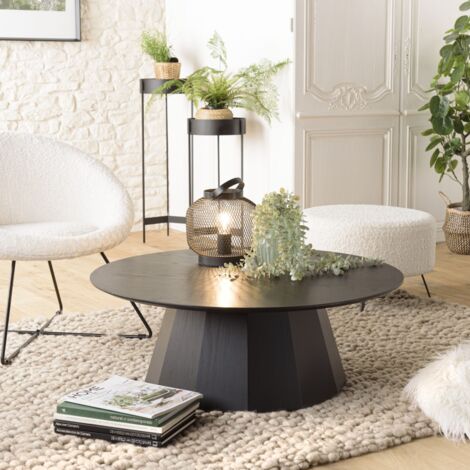 Macabane – Table basse ronde 90x90cm en MDF plaqué chêne noir – Design intemporel – Meuble monté pour décoration moderne (1/5)